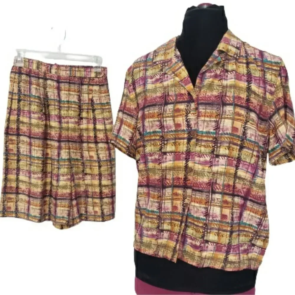 Liz Claiborne 100% Silk Plaid Button Front Top and High Rise Shorts Suit Set 8